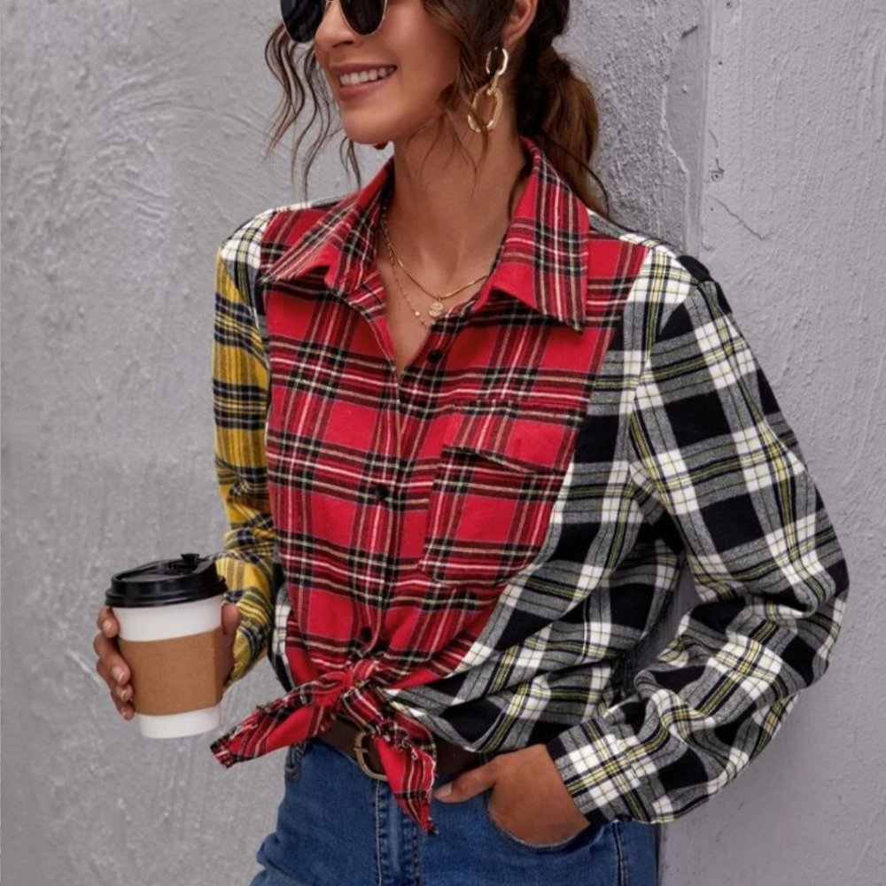 Flap Pocket Tartan Colorblock Blouse